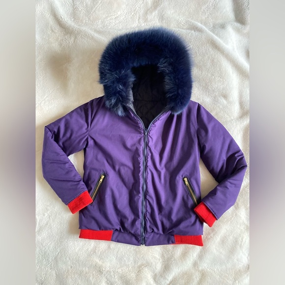 Homemade purple and red bomber coat with real fur hood | S/M | winter | holiday - Picture 7 of 12